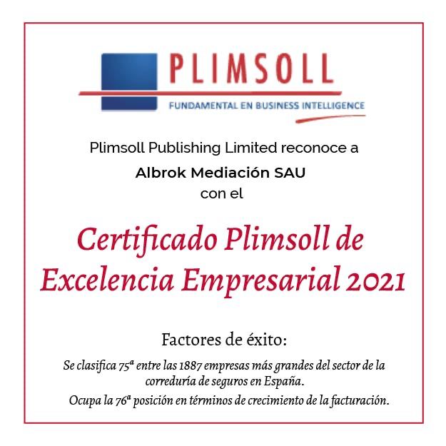 Certificado Plimsoll de Excelencia Empresarial 2021 para Albroksa Correduría de Seguros